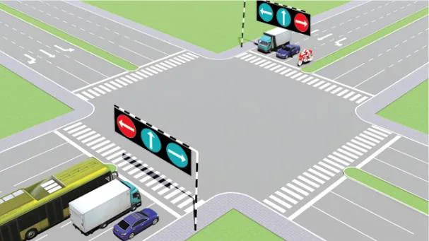 Hình câu 500: Theo tín hiệu đèn, xe nào đi là đúng quy tắc giao thông?
