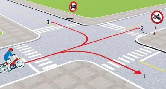 Hình câu 507: Theo hướng mũi tên, những hướng nào xe gắn máy được phép đi?
