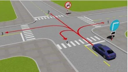 Hình câu 519: Theo hướng mũi tên, những hướng nào xe ô tô con được phép đi?