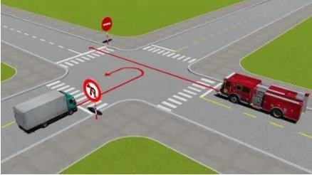 Hình câu 532: Đi theo hướng mũi tên, xe nào vi phạm quy tắc giao thông?