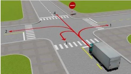 Hình câu 535: Những hướng nào xe ô tô tải được phép đi?