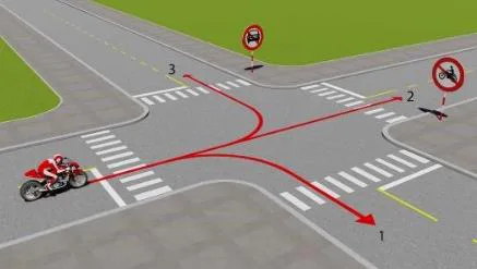 Hình câu 539: Theo hướng mũi tên, những hướng nào xe mô tô được phép đi?